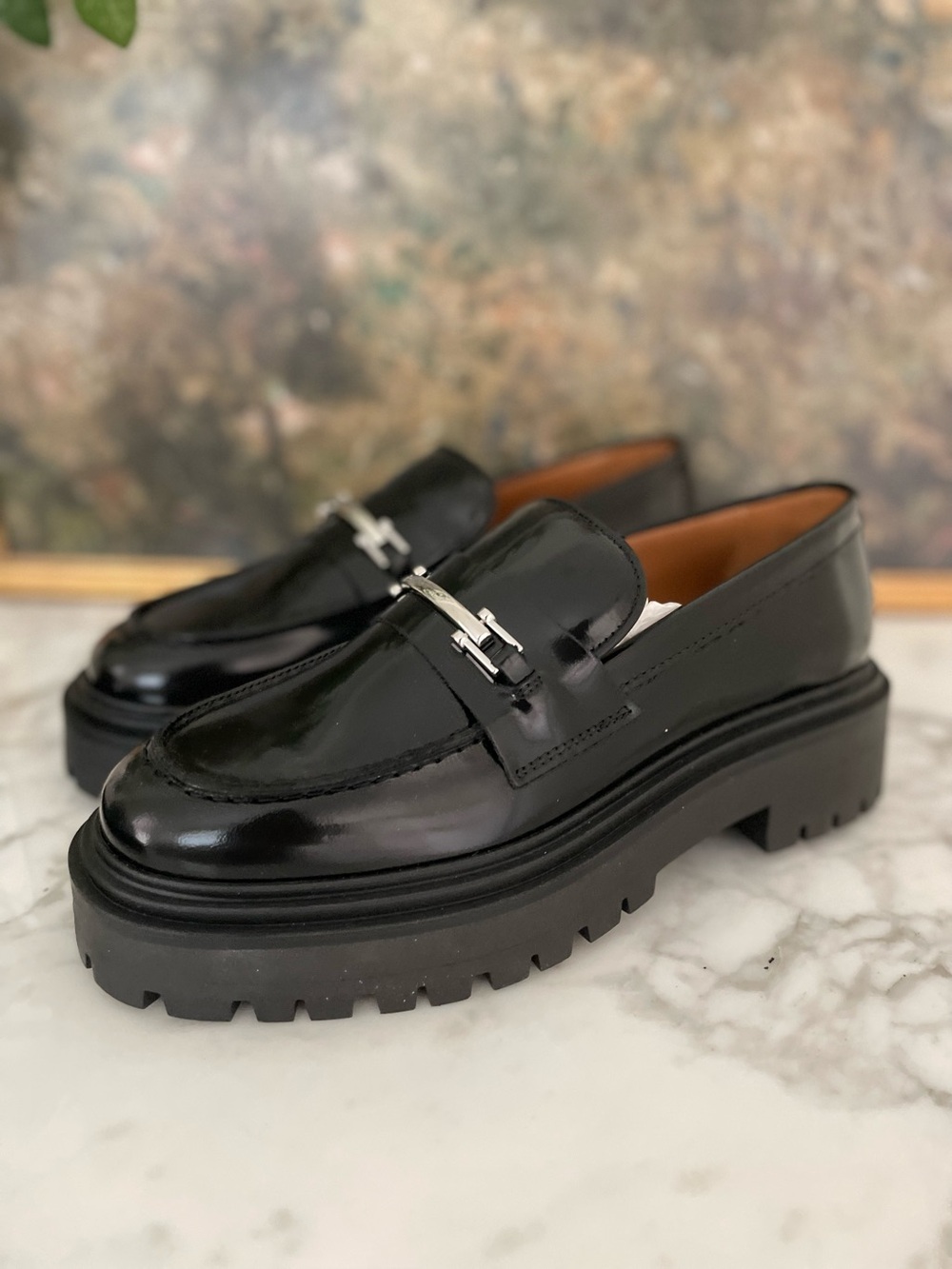 Thursday Penny Platform Loafers Black Sz 8 Patent Leather Silver w/Box Chunky